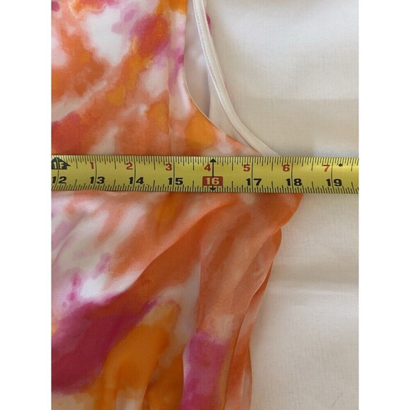 CALVIN KLEIN Tie Dye Chiffon Maxi Dress Women Large Orange Pink Tie Waist Ruffle - Picture 10 of 13